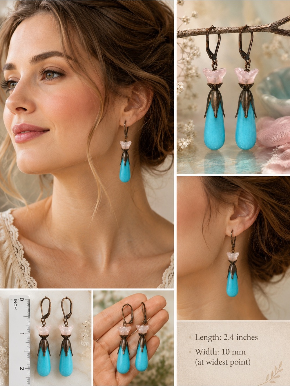 Artisan Turquoise Floral Statement Earrings, Antique Copper Pink Flower Dangles - Picture 5 of 7